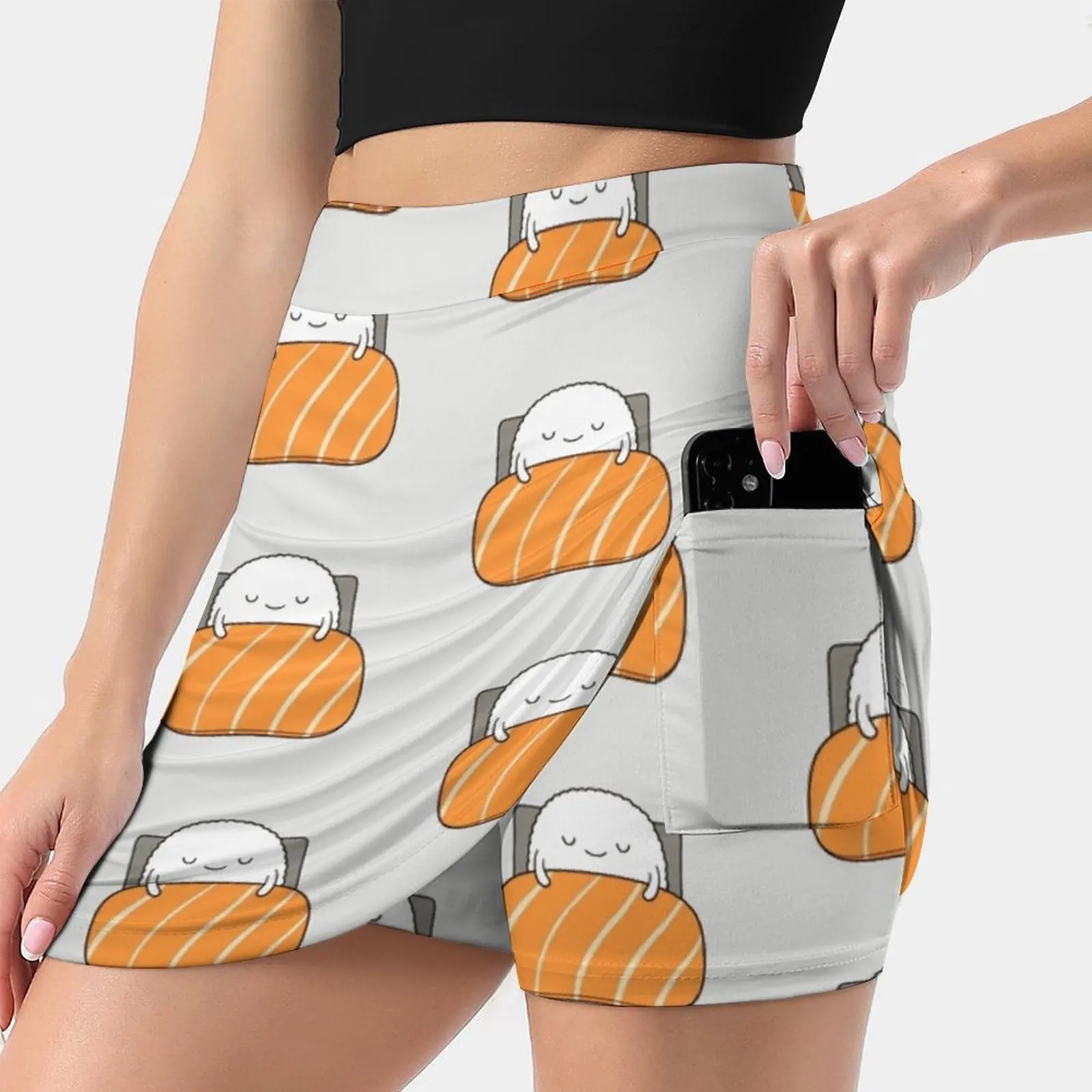 Sleepy Sushi Bed Women Mini Skirt Two Layers With Pocket Skirts Sport Fitness Running Skorts Sushi Nigiri Cute Sweet Happy