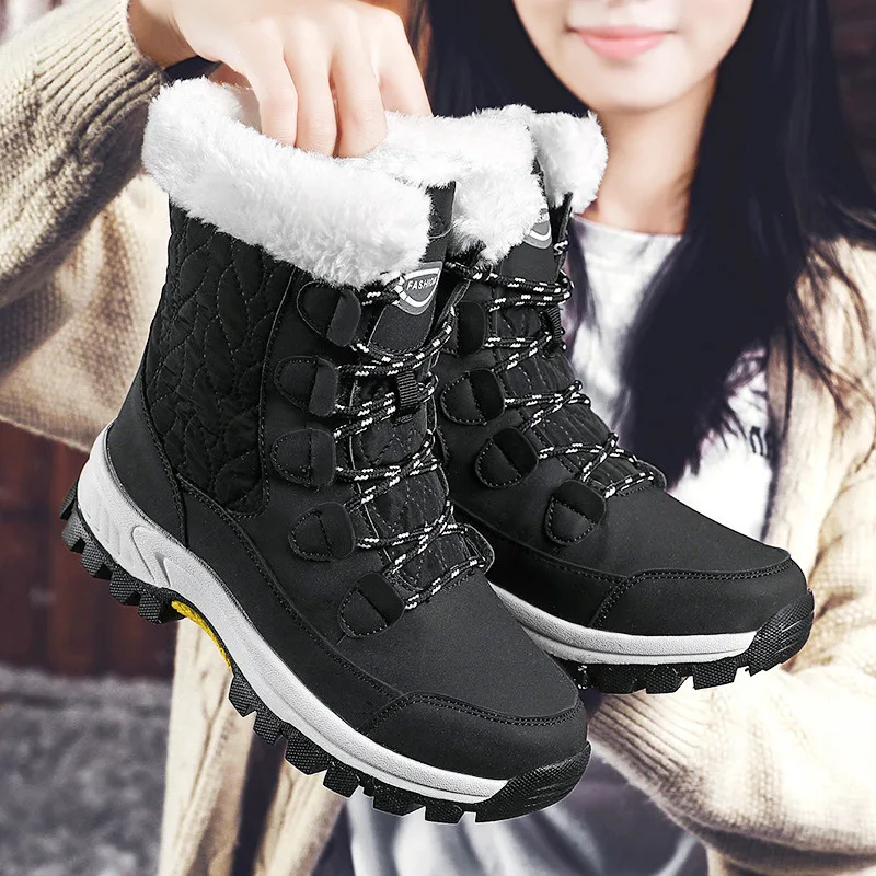 High quality mid calf leather snow boots for women new 2023 winter size 41 42 outdoor plush warm walking shoe black white pink