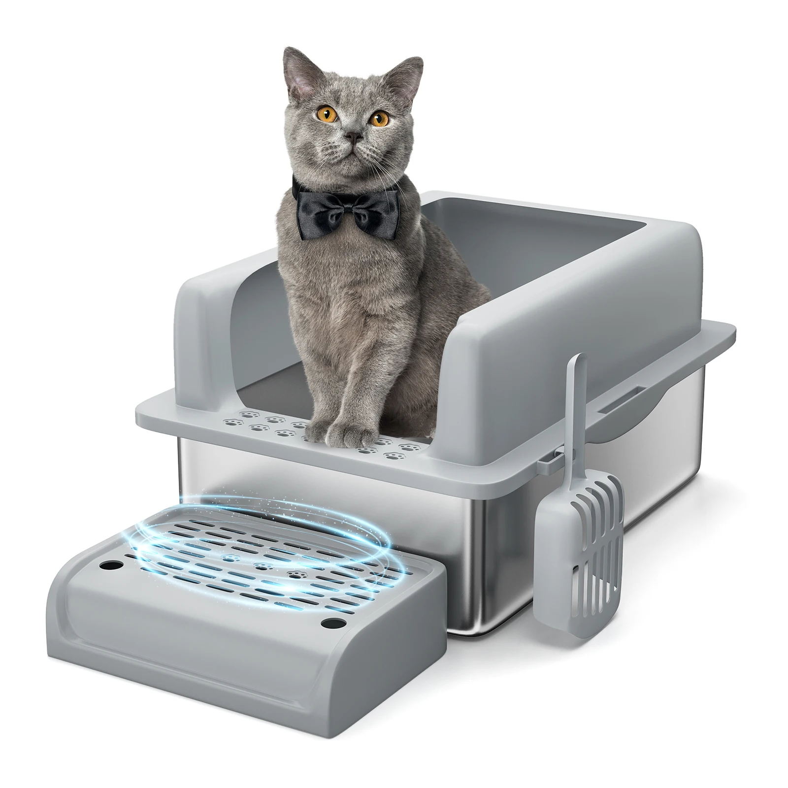 Grande Lettiera per Gatti in Acciaio Inox con Telaio in Plastica PP, Bordi Alti 15 cm e Pedale per la Pulizia, Toilette per Animali Domestici Grigio Scuro per il Controllo degli Odori