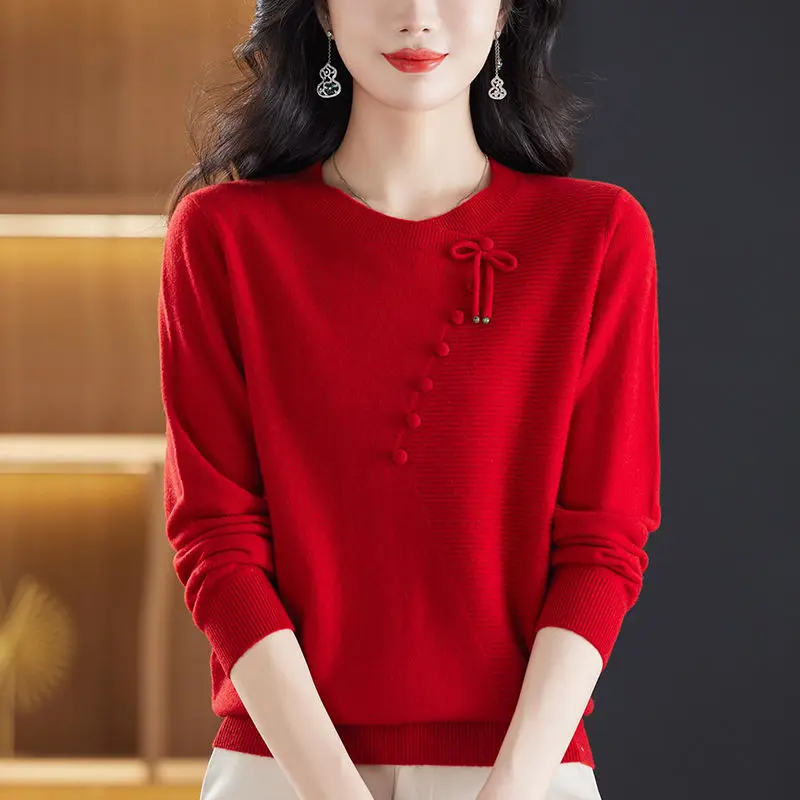 

Осенне-зимний модный новый базовый пуловер, женский свитер с круглым вырезом, однотонный красный трикотаж с длинными рукавами, женские свободные вязаные свитера