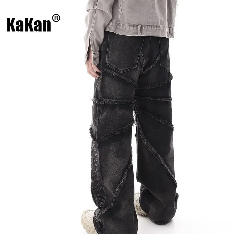 

Kakan - European and American New Vintage Damaging Spider Web Men's Jeans, Black Ragged Edge Long Jeans K27