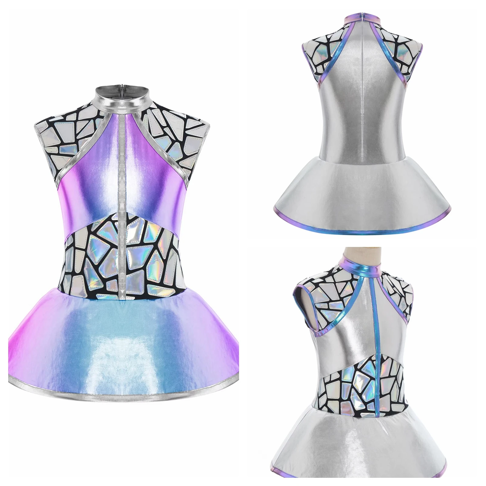 

Блестящий металлический костюм инопланетянина для девочек, космический космический костюм на молнии с блестками, нарядное платье для Хэллоуина, костюм космического робота