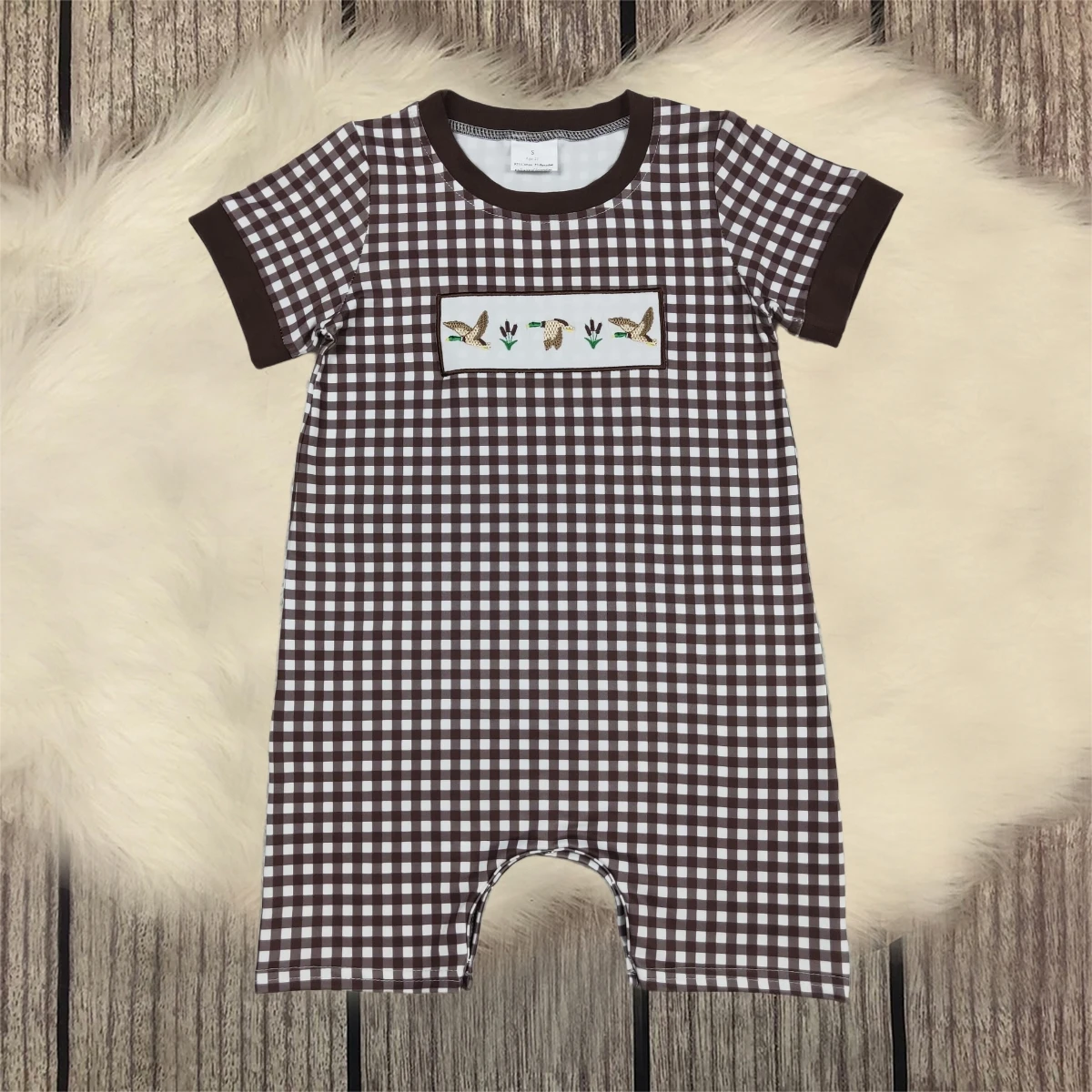 

Kids Baby Boy Brown Plaid Jumpsuit Newborn Summer Ducks Short Coverall Romper Toddler Embroidery Bodysuit One-piece Wholesale