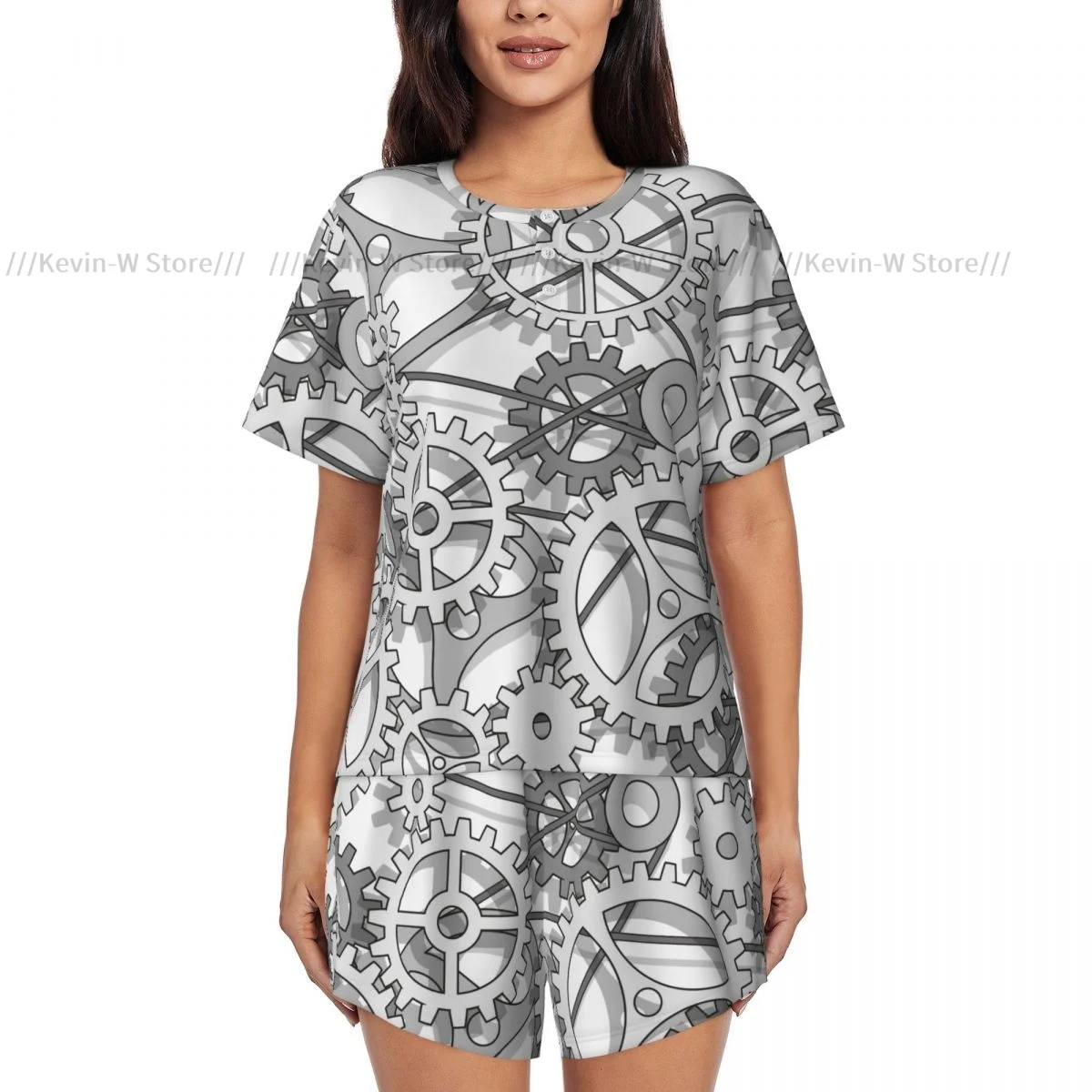 Women Pajamas Set Abstract Gears Pattern Homewear Two-Piece Short-Sleeved Short