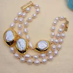Y·YING 8'' 3 Strands Cultured White Baroque Pearl White Keshi Pearl Bracelet