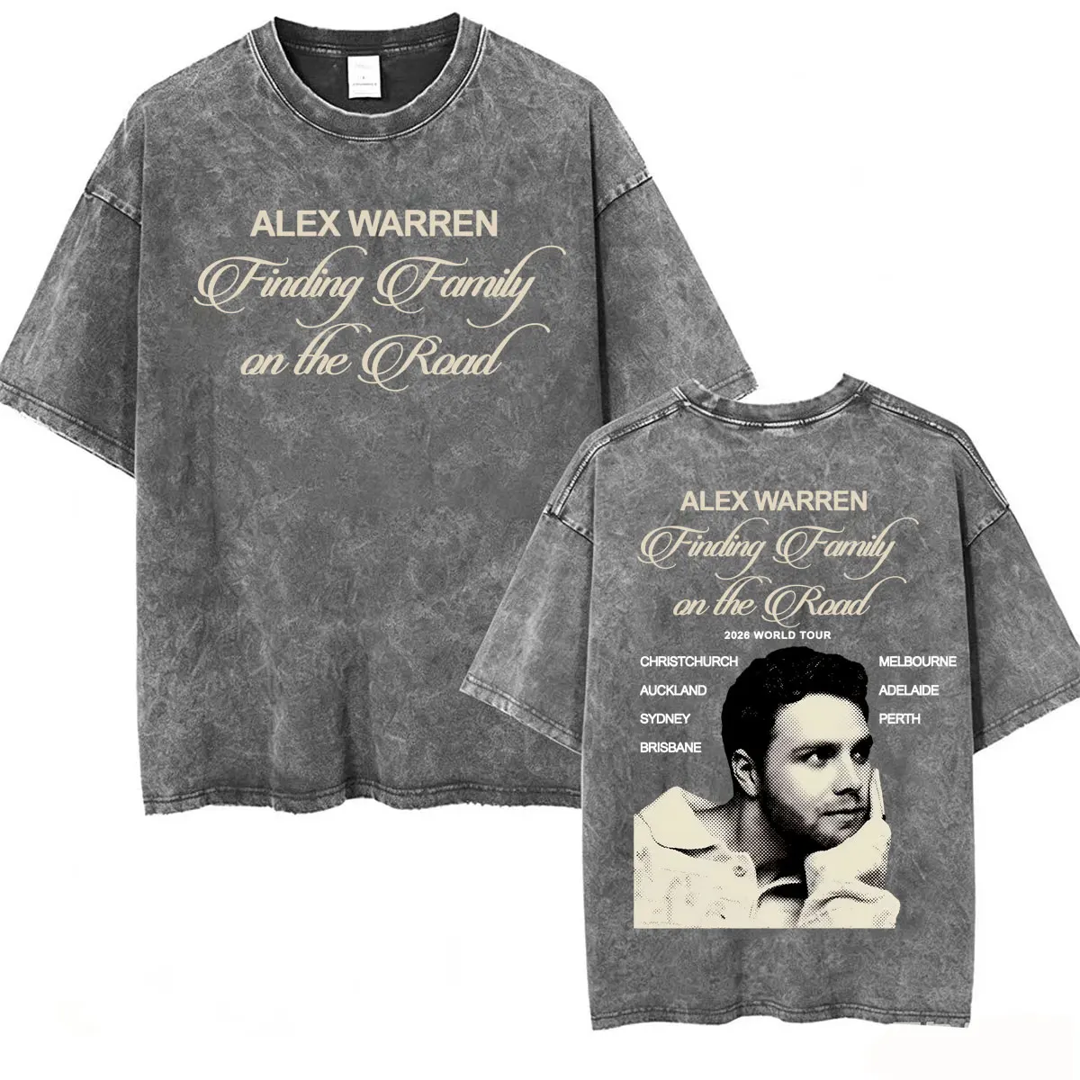 Vintage Washed Alex Warren Finding Family on The Road 2026 World Tour T-shirt Men Women Fashion Hip Hop Style T Shirt Streetwear
