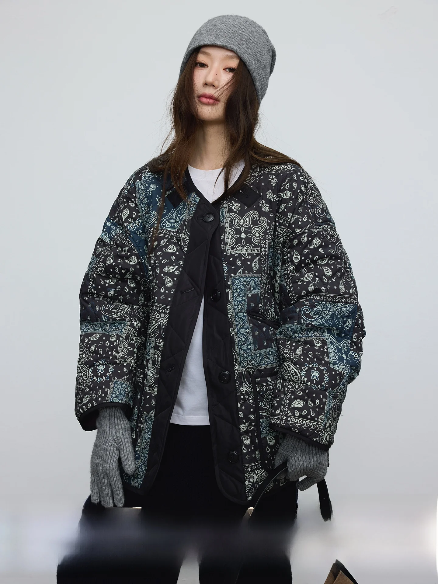 

Camelux Paisley Cotton Jaet Loose Fit Warm Outerwear e Scarf Walnut Flower Print Korean Sle Long Sve Coat