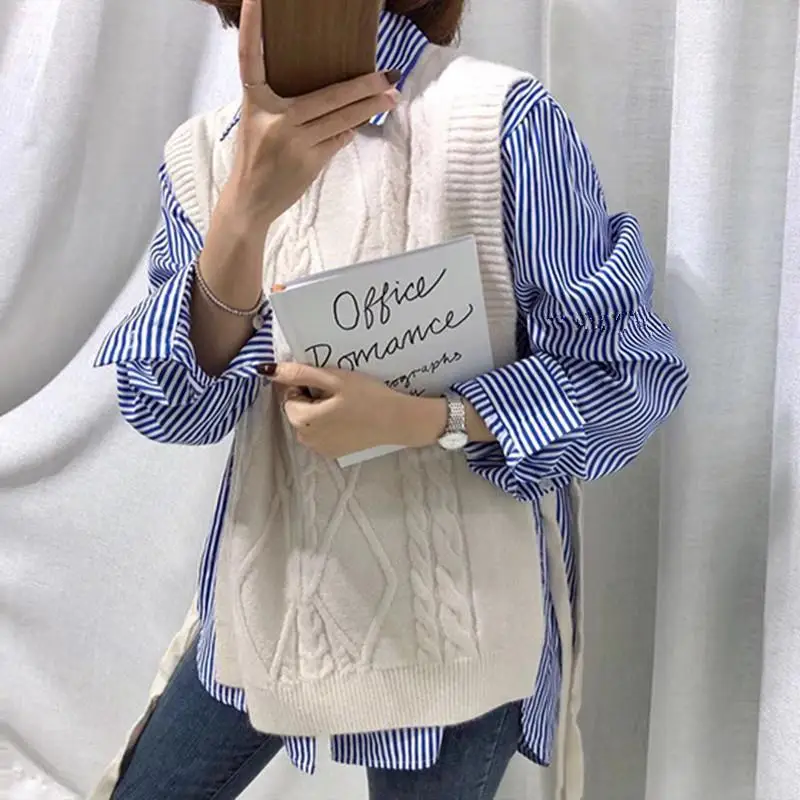 Blue Striped All-match Youth Trend Blouse Women Clothing Spring Autumn New Long Sleeve Polo Neck Vintage Shirt Tops Casual Trend