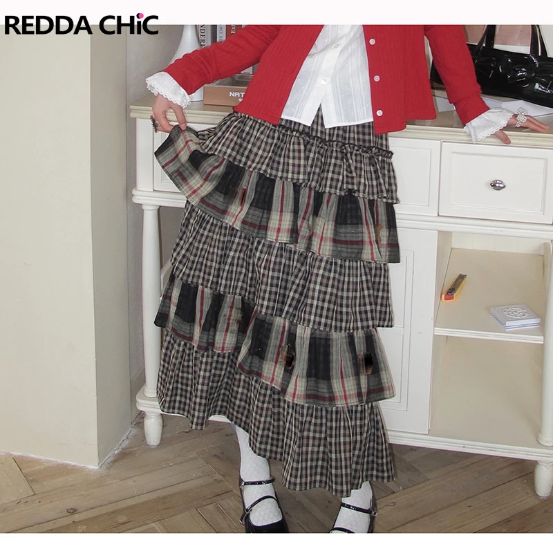 

ReddaChic Brown Cake Skirt Y2k Retro Elastic Waist Checkered Ruffle Tiered Maxi Long Skirt Acubi Fashion Winter Female Clothing