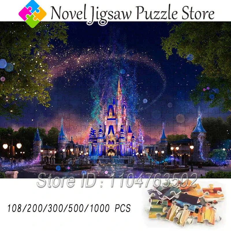 Puzzle z Zamkiem Disneya, Kreskówka, 108/200/300/500/1000 Elementów, Papierowe Puzzle Drewniane, Puzzle dla Dorosłych, Ręcznie Robione Zabawki, Gra Antystresowa