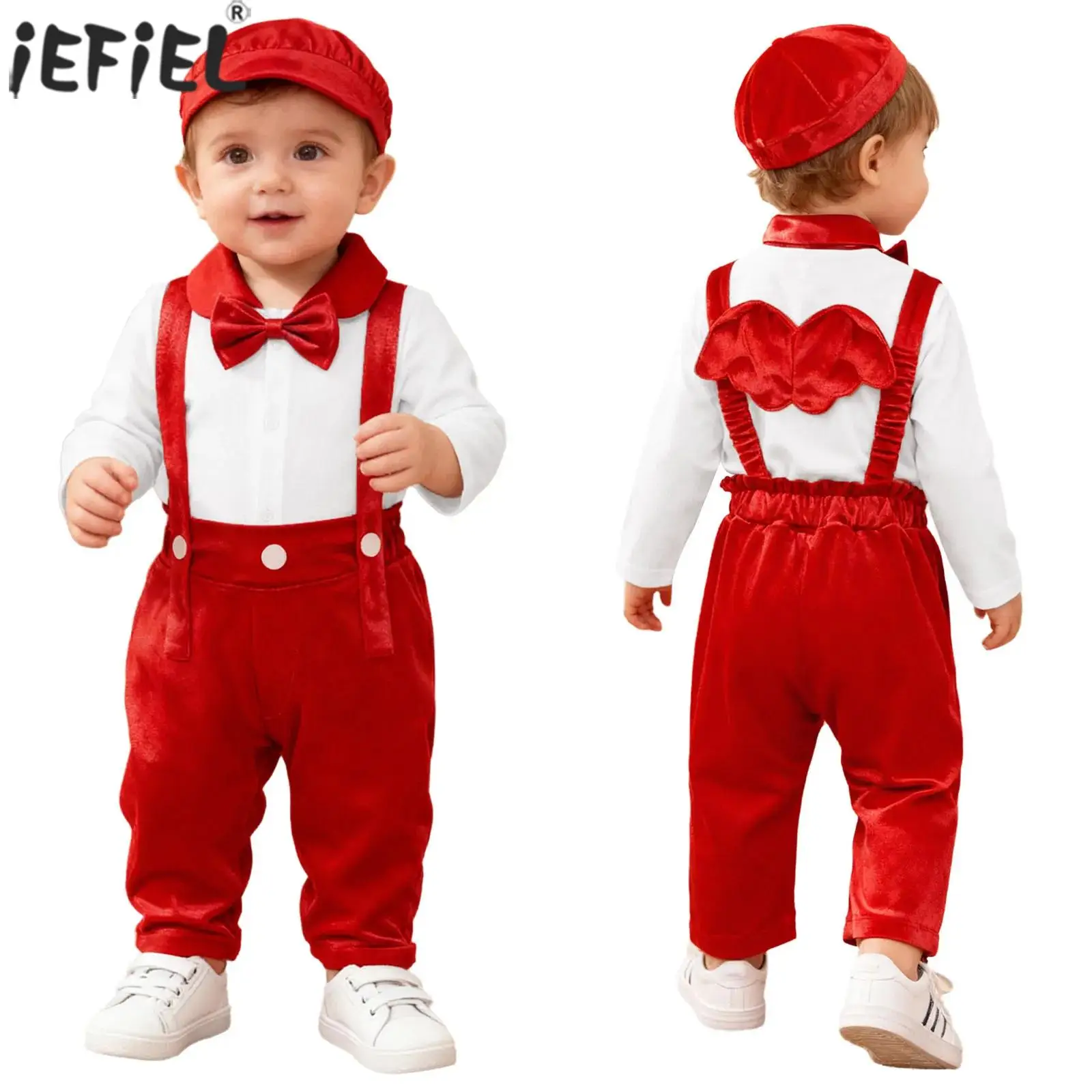 

Baby Boys Gentleman Outfits Long Sleeve Shirt Romper with Velvet Suspender Pants Bowtie Hat for Christmas Wedding Birthday Party
