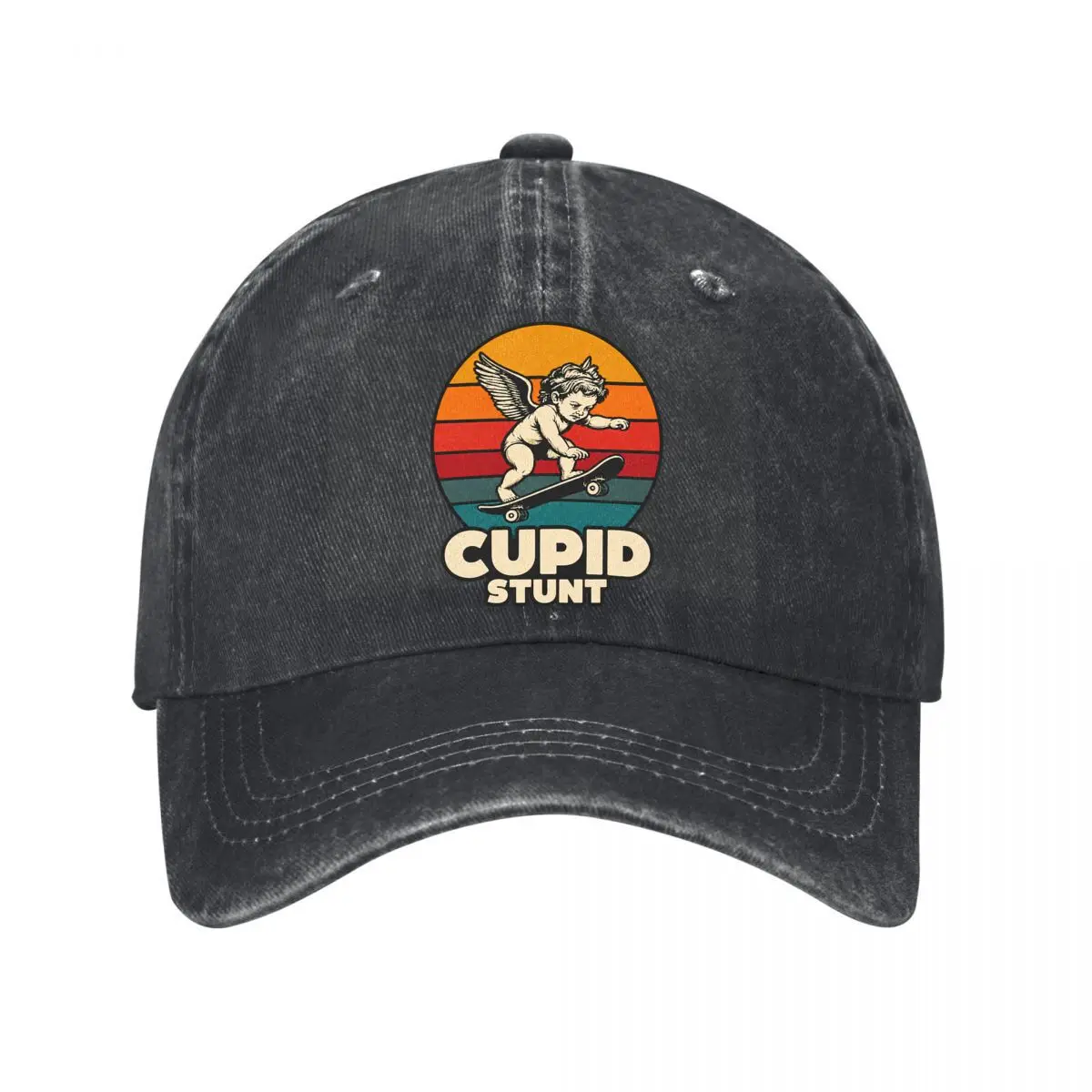 Cupid Stunt Cherub Skateboard Sunset Stripes Graphic Washed Baseball Cap Outdoor Hat