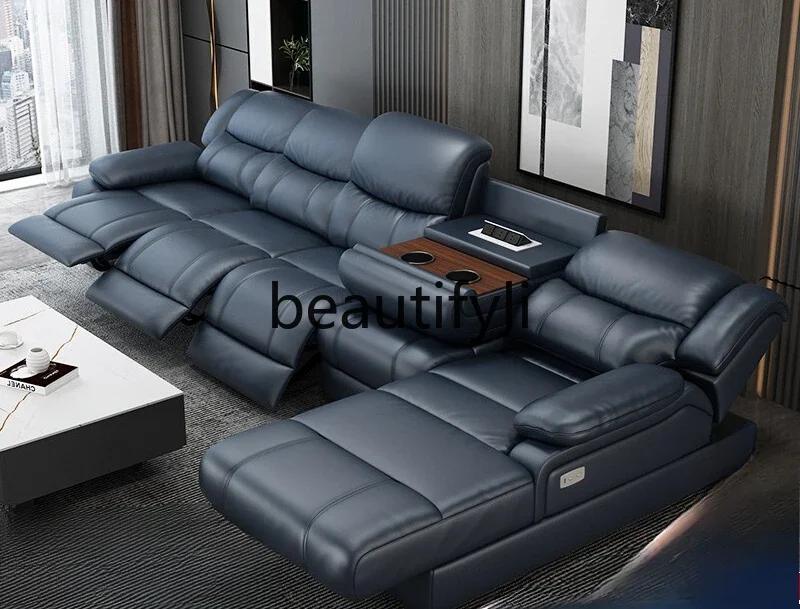 

Leather sofa modern simple first layer cowhide living room electric space capsule home theater