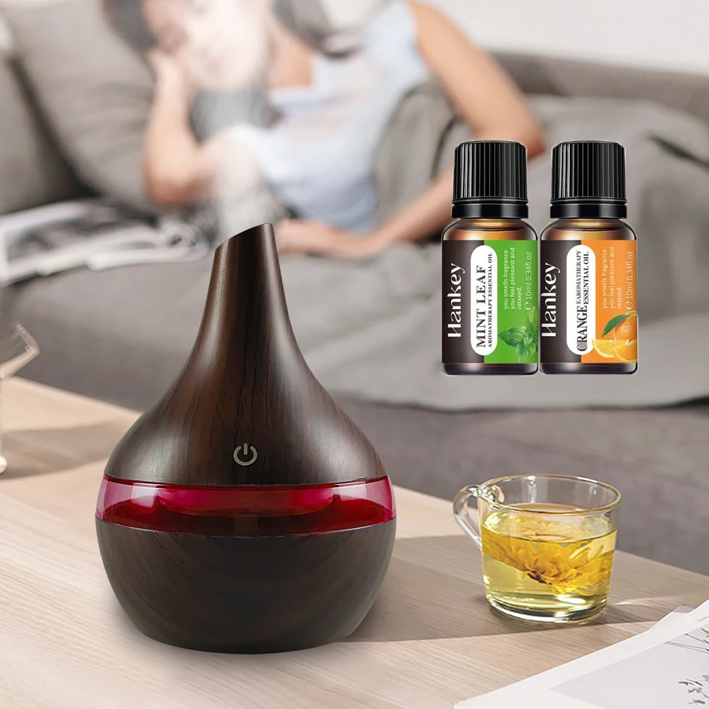 

New 300ml USB Humidifier & Essential Oil Diffuser, Wood Grain Design Cool Mist for Home, Office, Desktop Includes 2 Aroma Oils