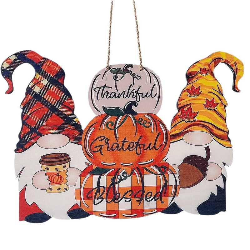 그놈 행잉 문짝 장식, 추수감사절 나무 사인 호박 문짝 행어, 야외 전면 문짝, 1 개