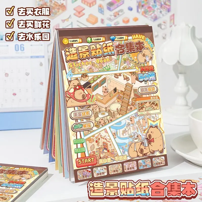 

20 в 1, наклейка с капибарой, миниатюрная коллекция сцен, пейзажная наклейка, декоративный коллаж, трехмерный дом, креативная игрушка