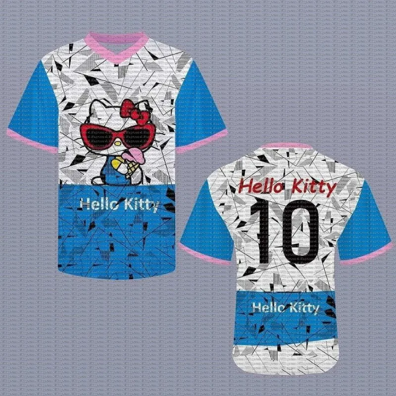 

Men's Blue Hello Kitty Print V-Neck T-Shirt Short Sleeve Summer Graphic Tee plus Size Women's Sport Baseball Jerseys