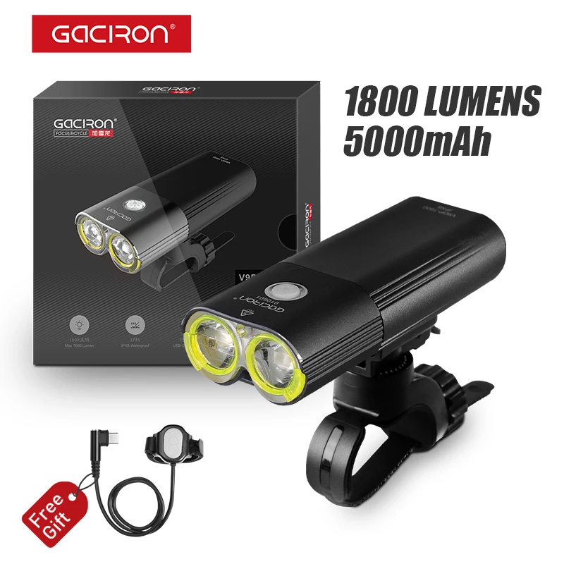 GACIRON V9DP 1800Lumens Bicycle Front Light Bike Accessories IPX6 Waterproof 5000mAh Rechargeable Flashlight Bike Headlight