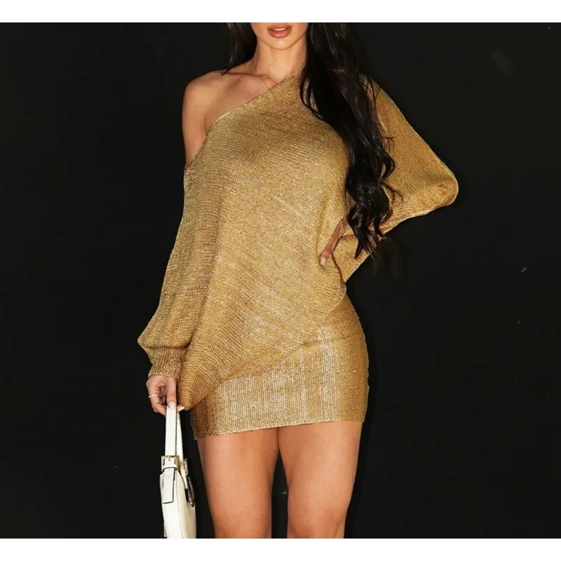 Sukienka damska z długim rękawem, dekoltem ukośnym i brązowaniem, nowość na wiosnę 2026