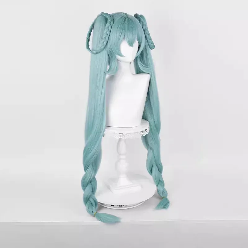 Anime Mikuu 꽃 코스프레 가발 96cm 긴 땋은 포니 테일 혼합 녹색 머리 스트레이트 피그 테일 가상 아이돌 Vtuber Headwear