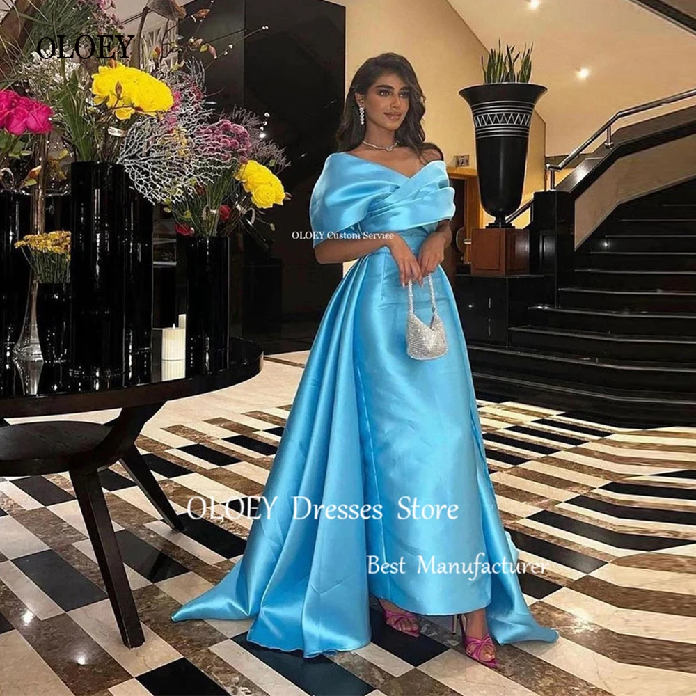 

OLOEY Elegant Sky Blue Satin Evening Dresses With Detachable Train Off the Shoulder Sleeves Prom Gowns Simple Formal Party Dress