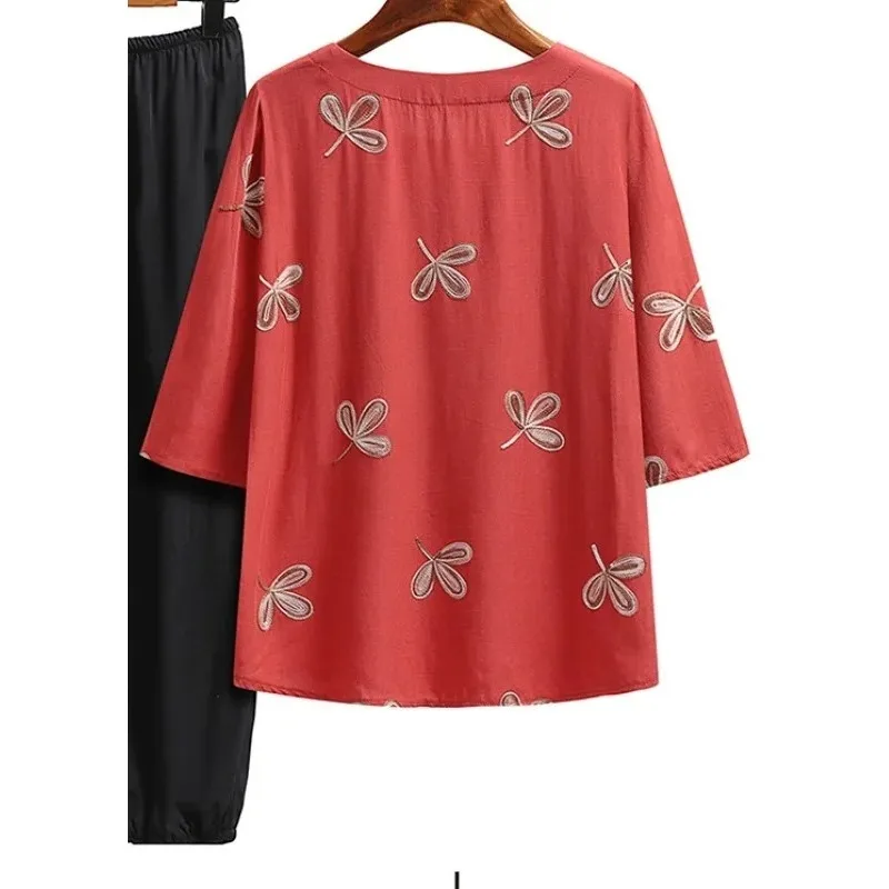 Leisurely Embroidered Top Large Size Loose Cotton and Linen Suit Women Middle-aged and Elderly Medium-sleeved T-shirt  Pajamas