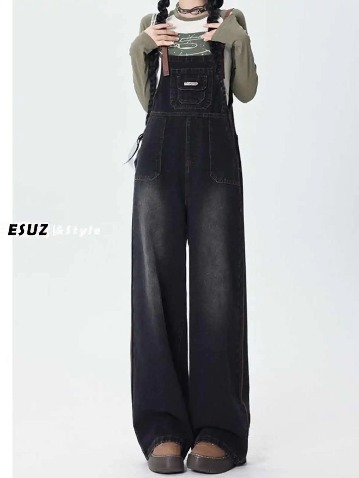 

Retro Women's Denim Strap Pants Korean High Waist Loose Wide Leg Jeans Fashion Versatile Cargo Jumpsuits Autumn New