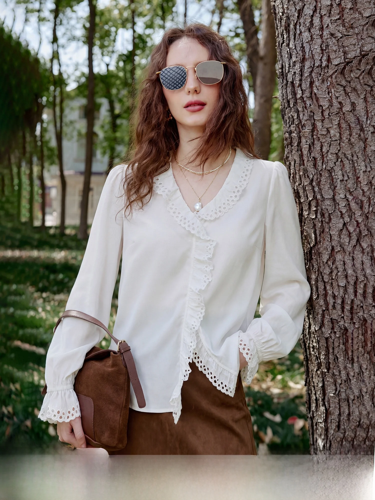 

Elegant Graceful Pumpkin Valley Shirt Textured Fabric Hollow out Lace Long Sleeve V-Neck Women's Comfortable Breathable Shirt