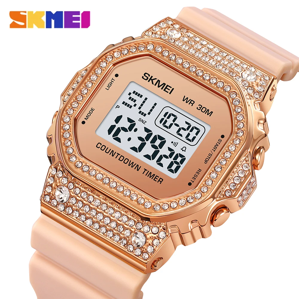 

SKMEI Alloy Dial Sports Watch Men Luxury Creative Rhinestone Design Digital Wristwatch Luminous Waterproof Count Down Clock Male