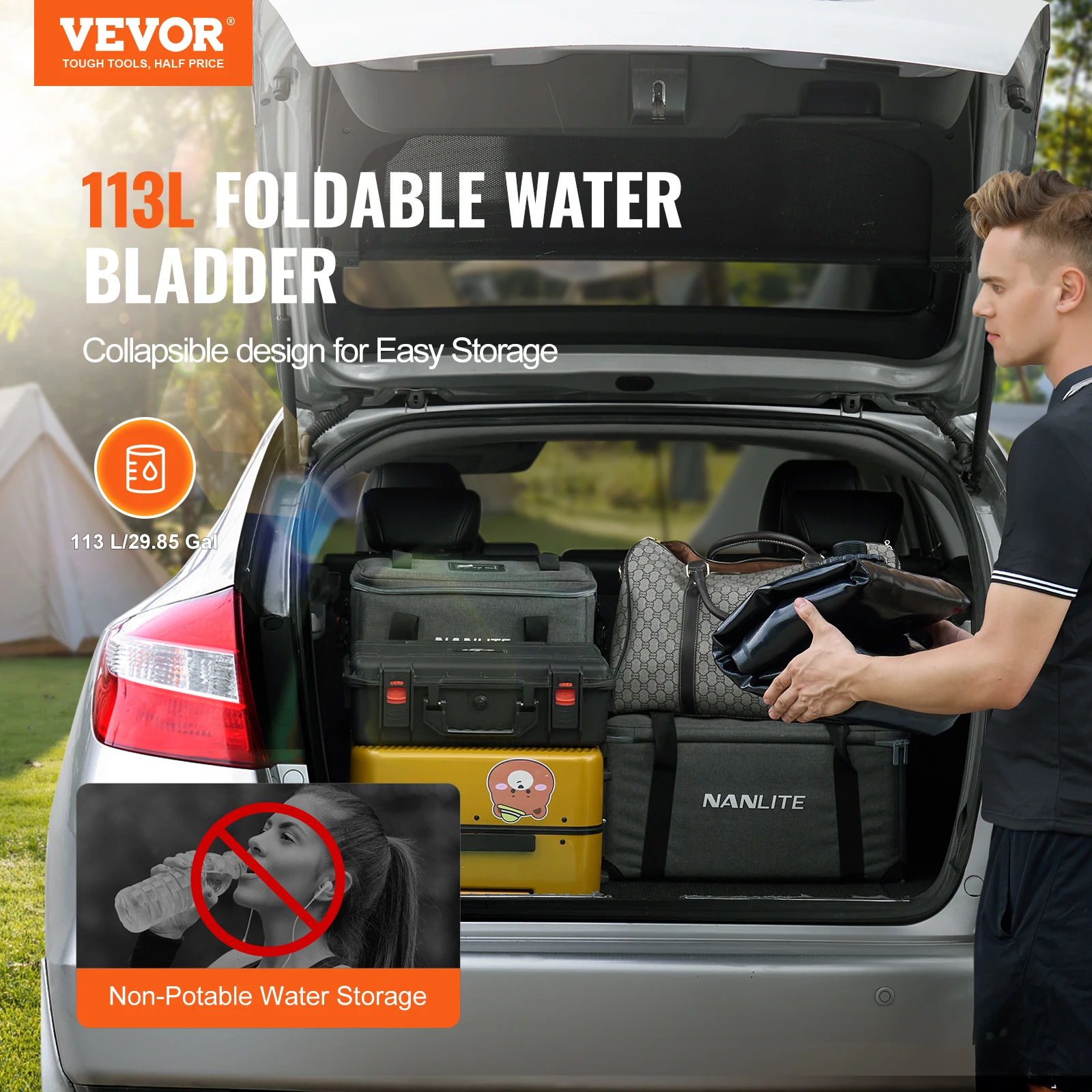 VEVOR 113 L/29.85 Gal Water Storage Bladder Portable RV Water Tank 1000D PVC Collapsible Water Storage Containers Soft Water Bag