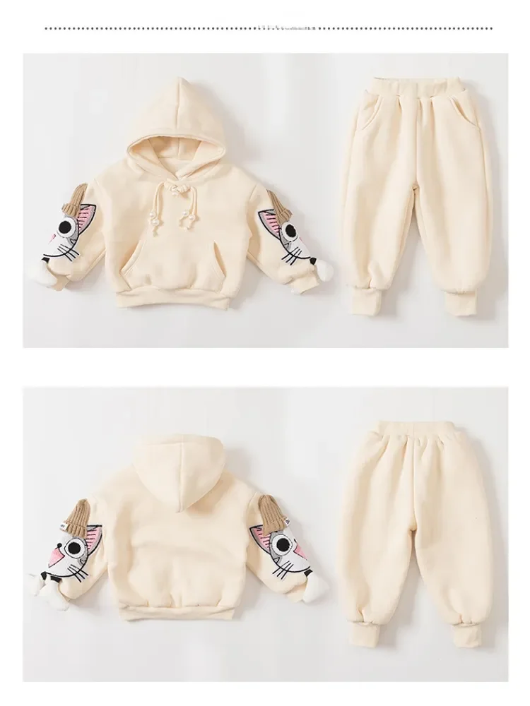 Fleece Warm Girls\' Hoodies Trousers Suit Autumn Winter Cat Printed Children\'s Sweater Jumper Casual Big Kids Sports Clothes Set