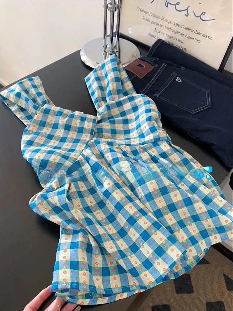 Blue Floral Plaid Halter Top Women Summer Outdoor Wear Unique Beautiful Design Cotton Linen V-neck Sleeveless Checkered Shirt