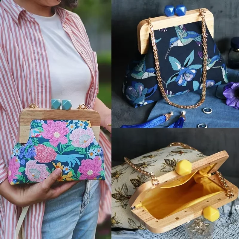 Torebka z litego drewna Kwadratowa ramka portfela Kiss Lock Sprzęgło z drewnianymi koralikami Drewniana torba Vintage Uchwyt Kiss Lock Sprzęgło Akcesoria