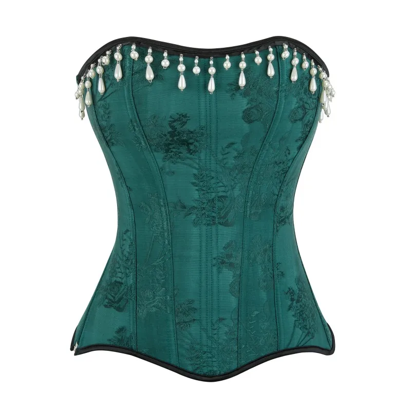 

Green Gothic Floral Jacquard Vintage Pearl Tassel Victorian Corset Top Sexy Women