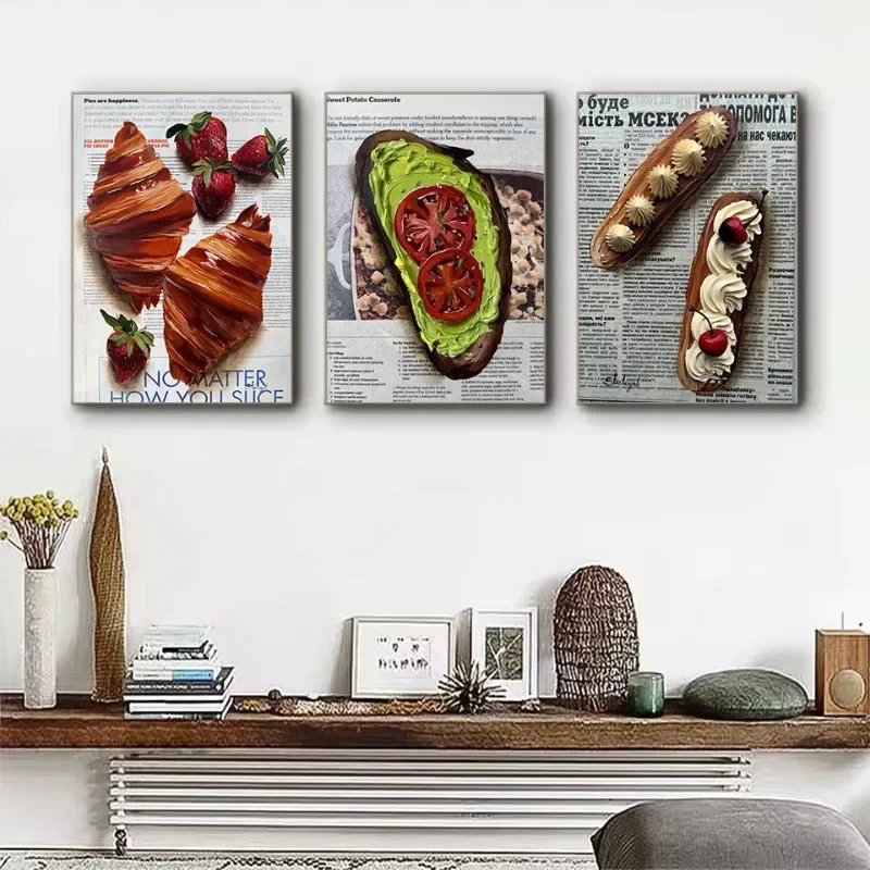 Retro Newspaper Breakfast Kitchen Food Cheese Toast Croissant Aesthetic Poster Canvas Painting Wall Pictures Home Decor