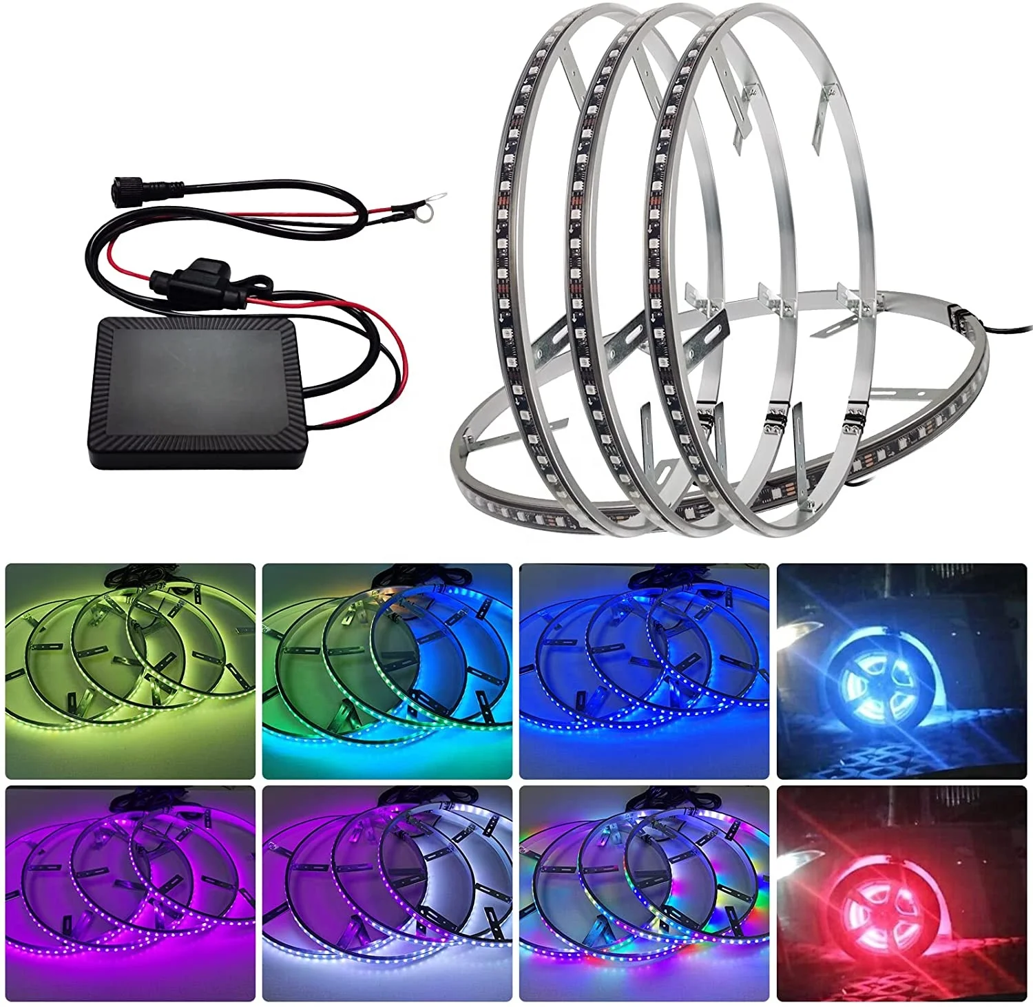 4PC 17'' RGBW LED Wheel Rim Light 312 Led Car  with  BT Controller Box IP68 Truck Auto ing System