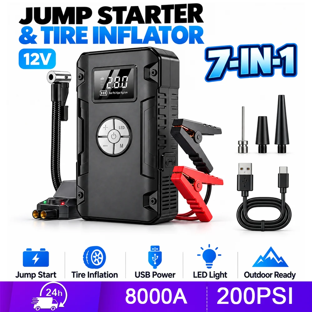 KRONO Portable 12V 8000A Car Jump Starter with 200PSI Air Compressor Battery Booster Tire Inflator USB Power Bank and LED Light