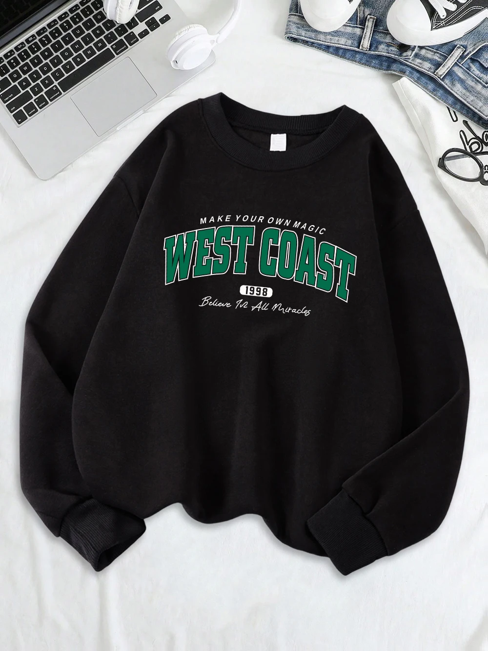 West Coast 1998 Creative Fonts Prints Sweatshirts Womens Loose Sporty Hoodies Fleece Warm O-Neck Tops Winter Comfortable Clothes