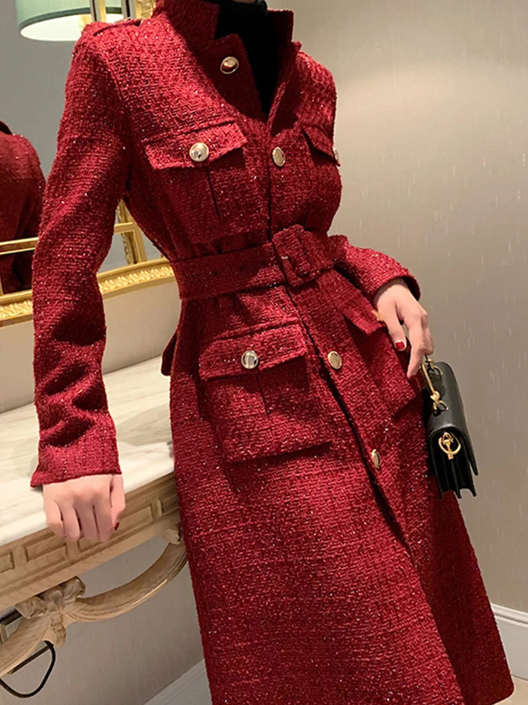 Gabardina larga de lana a cuadros para mujer, abrigo de Tweed rojo con cuello de traje, bolsillos, cinturón de cintura, para oficina, otoño e