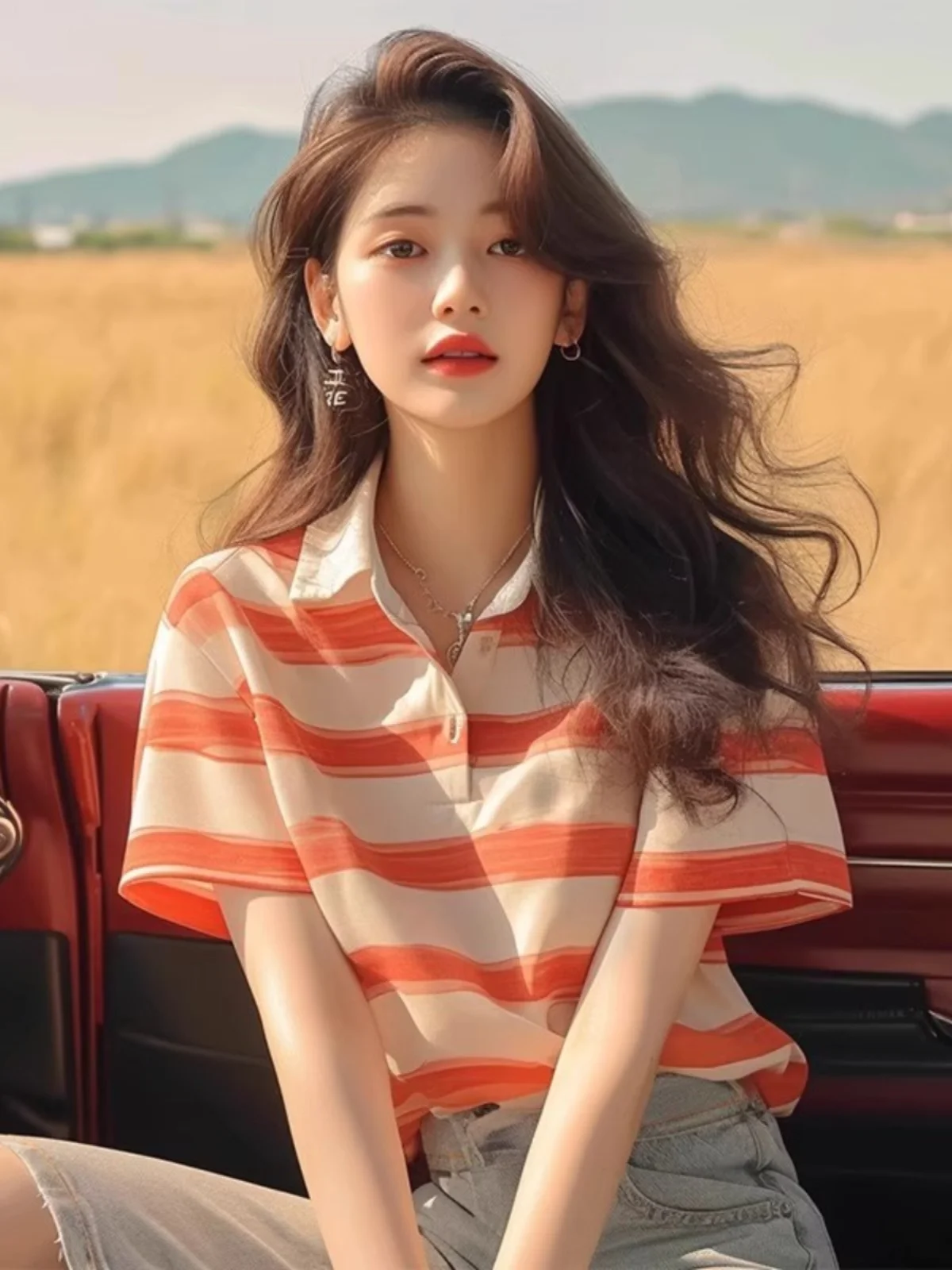 

Unique Sli Beautiful Orange Striped irt ort Sve Faionable Top Dye Summer Women's irt Regular Fit