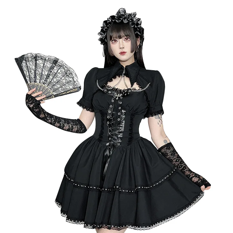 2025 nuove donne vintage estate pizzo nero fasciatura a-line aderente mini abito streetwear manica corta catene grembiule abito corto