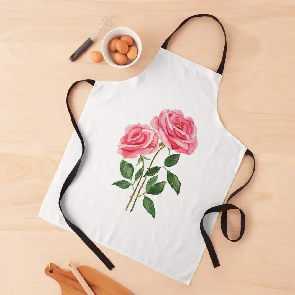 

2 pink roses watercolor Apron with pockets with personal logo Kids Kitchens For Men Apron