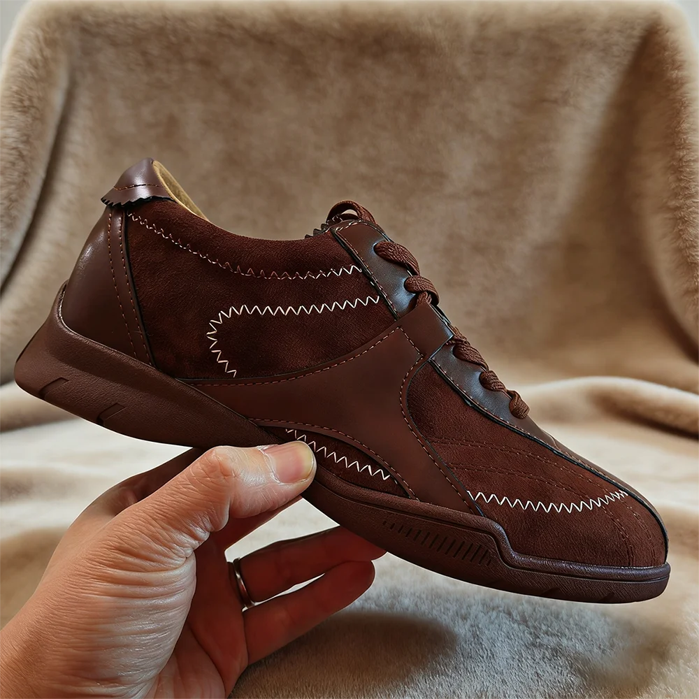 Women's Brown Leather Suede Casual Shoes Retro Brand Comfort Walking Sneakers Contrast Stitch All-Day Wear Hidden Heel 3cm DX906