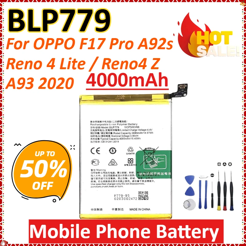 

Новый BLP779 4000 мАч для OPPO F17 Pro A92s/Reno 4 Lite/Reno4 Z/A93 2020 Сменный аккумулятор высокой емкости для мобильного телефона + инструменты