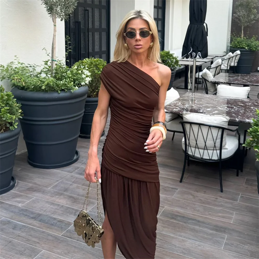 PB&ZA2024 summer new women\'s clothing fashionable temperament slim fit waist sexy versatile pleated shoulder asymmetric dress