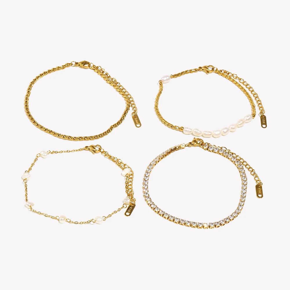 E.B.belle Stainless Steel PVD Plating Waterpoof Rhinestone Zircon Freshwater Pearl Rope Chain Gold Color Anklets For Women