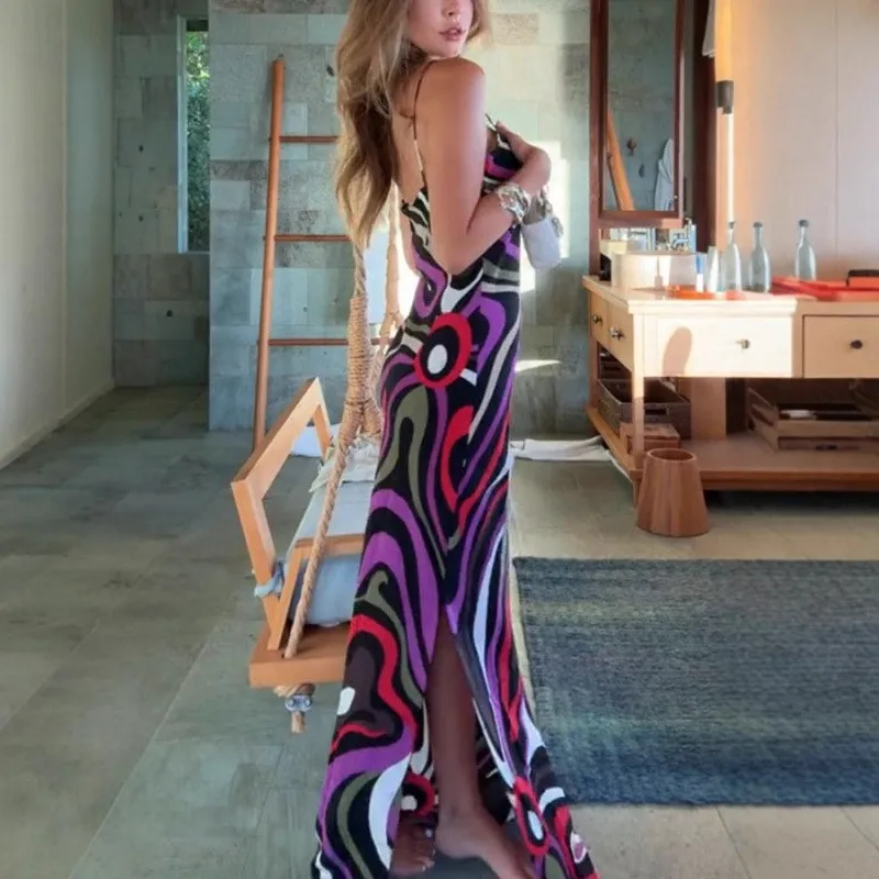 Color Print Slim Boho Dress Mujer Sexy Hollow Backless V Neck Sling Long Dresses Elegant Holiday High Waist Hips Dress Vestidos