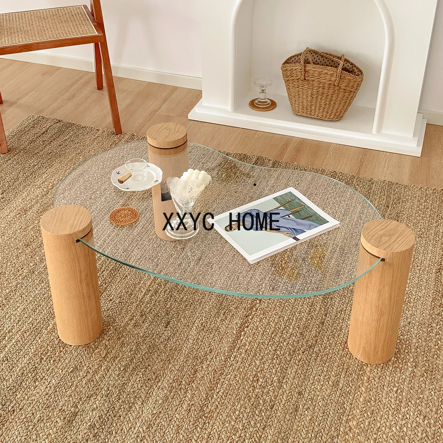 Simple Korean Style Cream Style Small Apartment Flat Curved Small Table Transparent Glass Tea Table