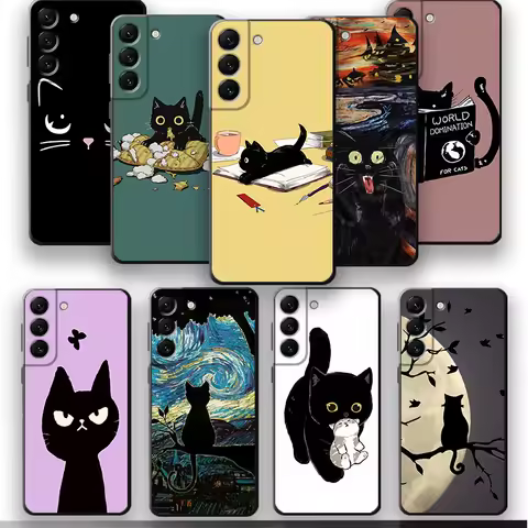 Black Cat Cartoon Cute Black Soft Case for Samsung Galaxy S21 Plus S22 S23 S24Ultra 5G S10 S20 FE S9 S8 S7 Edge S10e Bumper