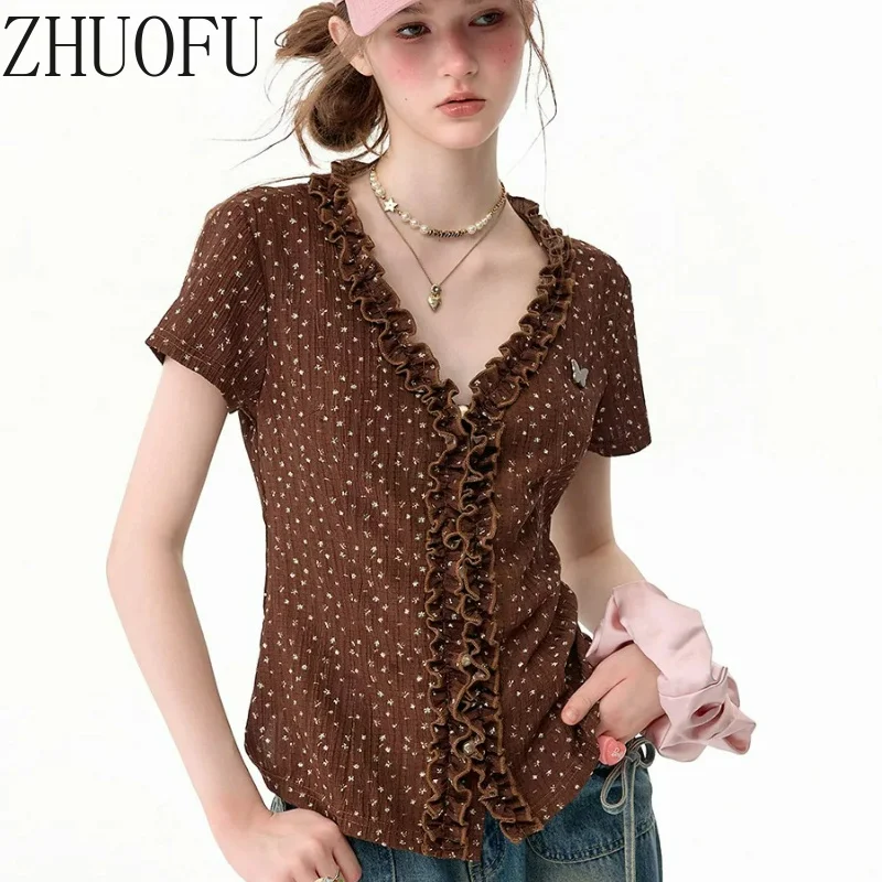 Sweet Polka Dot Lace Splicing Slimming Brown V-neck Short-sleeved Women's T-shirt 2026 Summer New Retro Design T-shirts Ladies